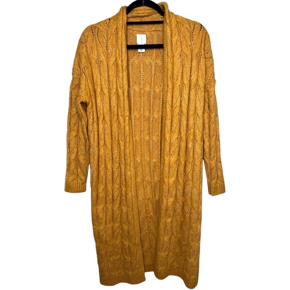 Joie Mustard Yellow Cable Knit Long Sweater Cardigan Fall Winter Cozy